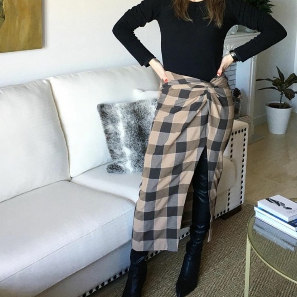 Zara Plaid Wrap Skirt Thigh Split Black Tan Check - Picture 6 of 9